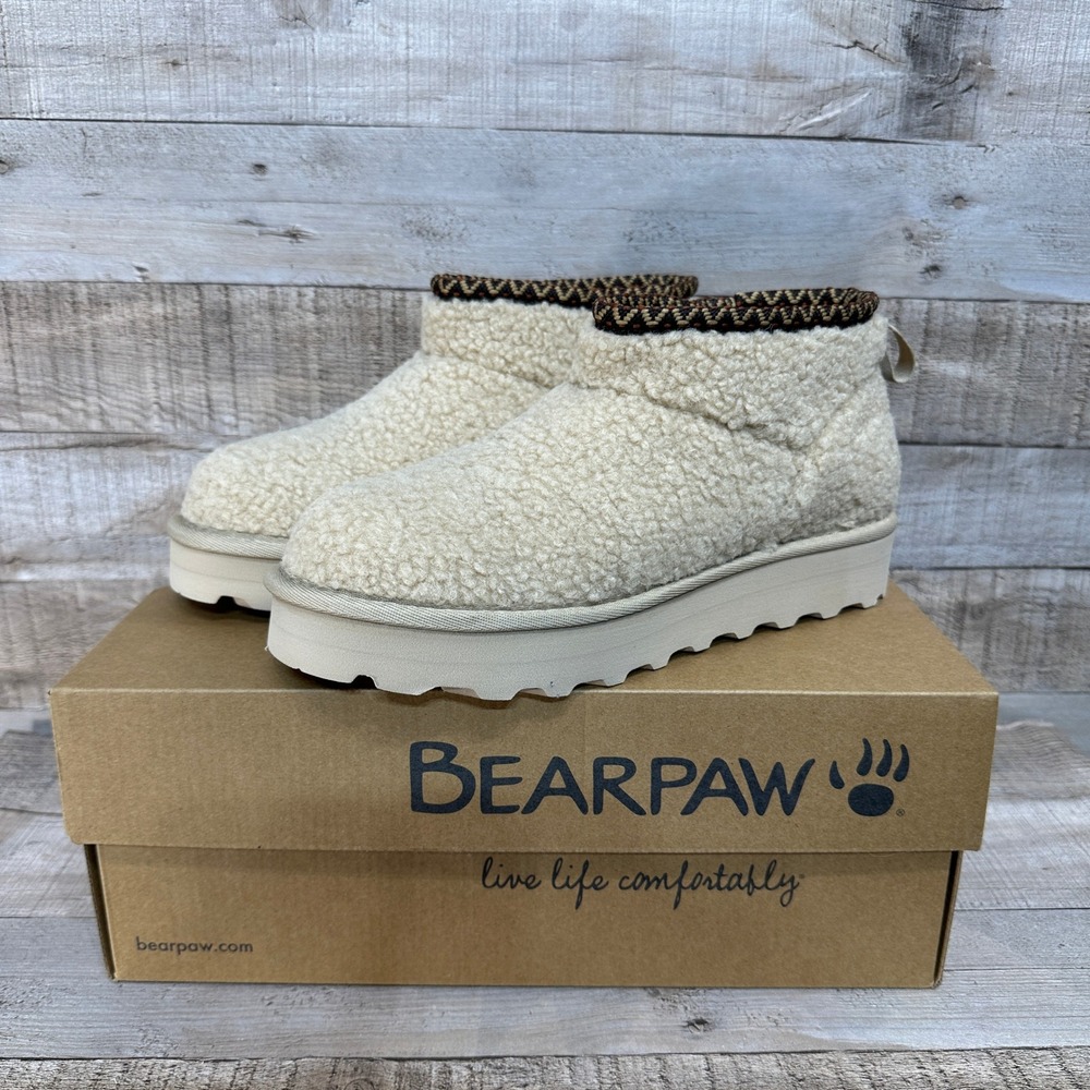 Bearpaw NIB Snuggle Daphne Deco Oat Ivory Faux Sherpa Platform‎ Boots Womens 7